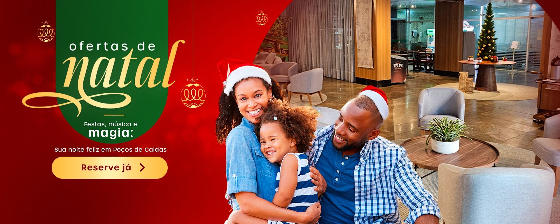 Banner promocional de Natal do Hotel Nacional Inn Poços de Caldas — festas, música e magia com ofertas especiais e reservas antecipadas